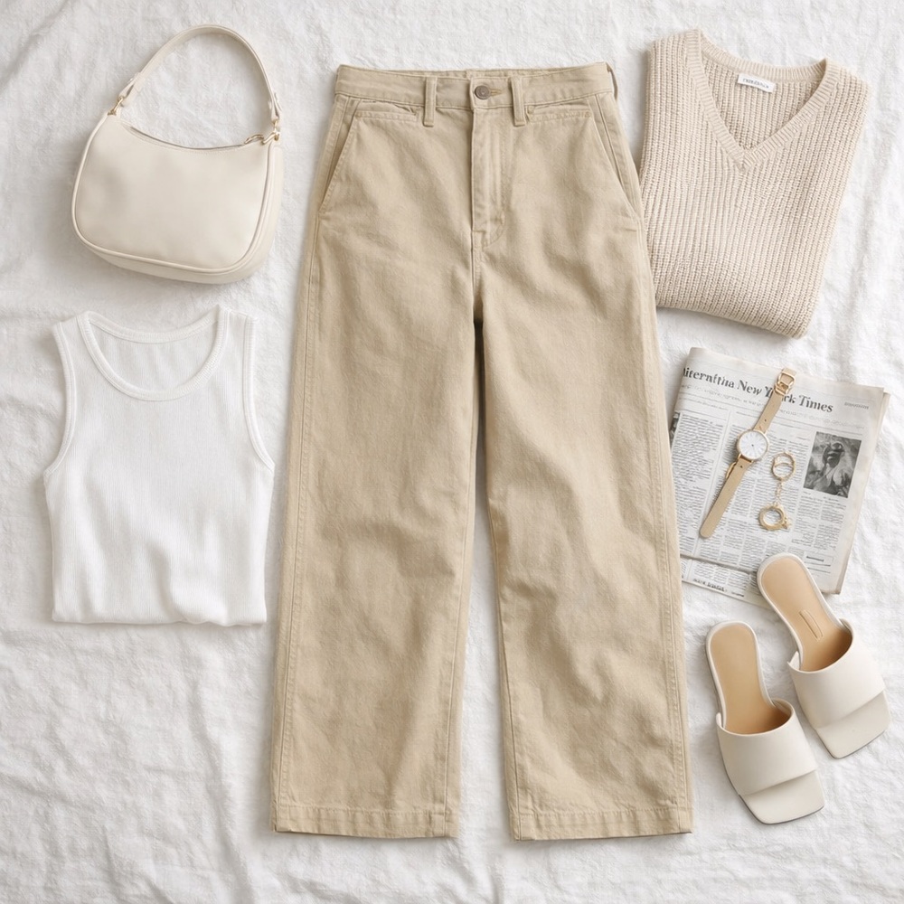 OAT New York High Waist Wide Leg Pants NWT Khaki Beige Size 12/31 - Picture 7 of 7